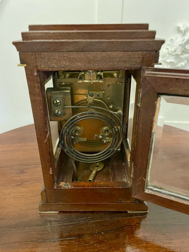 Unusual Antique Victorian Quality Mahogany Brass Inlaid Desk Clock By Dent of London - Image 6